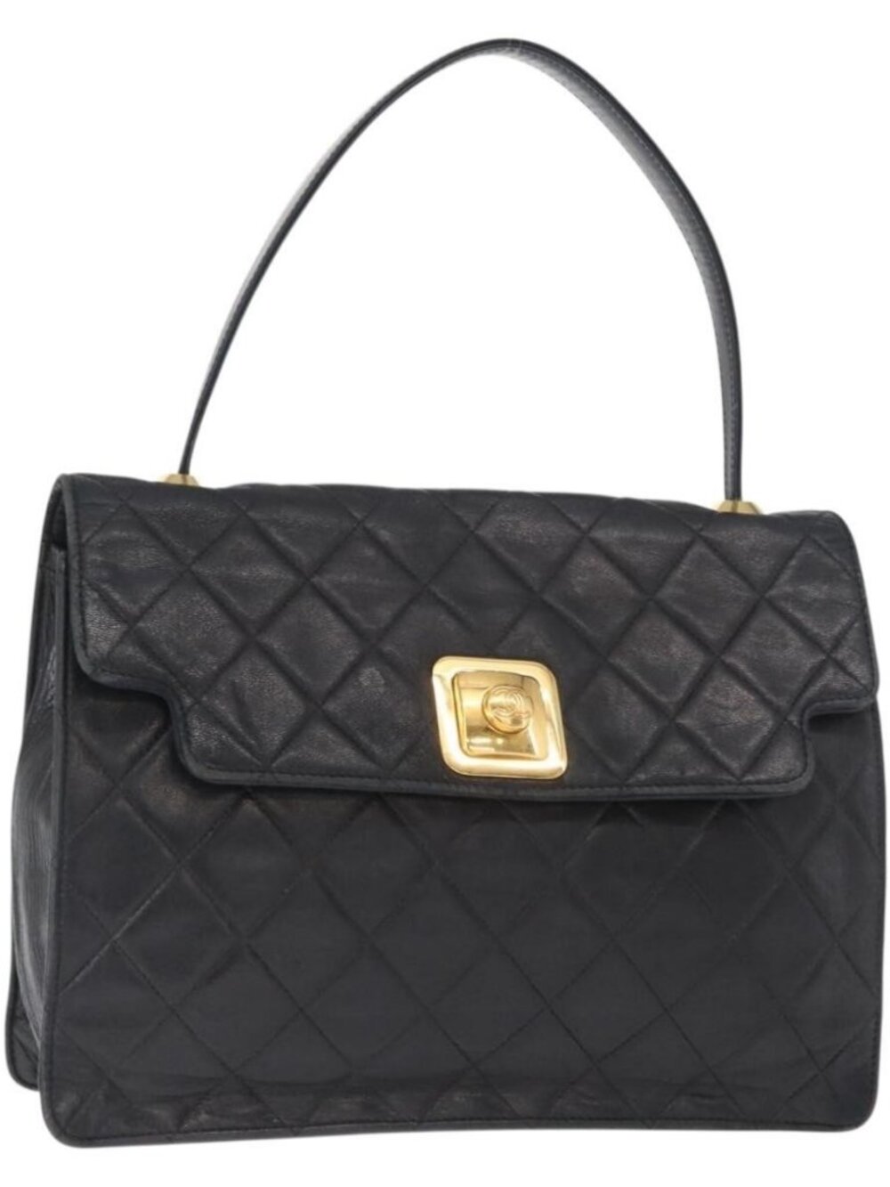 CHANEL Matelasse Hand Bag Lamb Skin Black Gold CC Auth 158090